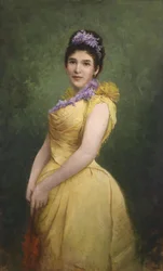 黄色のドレスの女性と彼女の髪にライラック